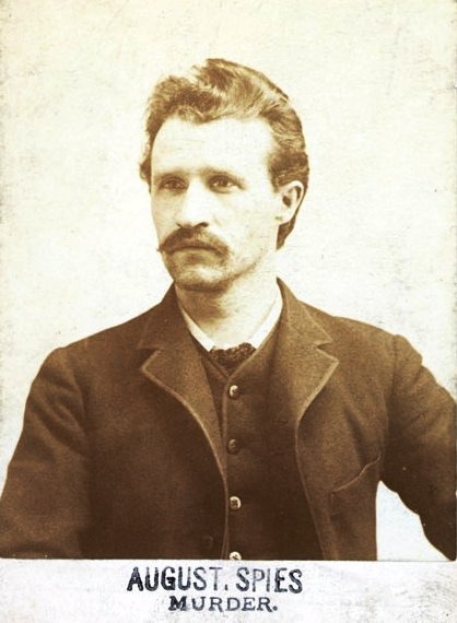 Old photograph of August Spies from 1886. It is titled with: „August Spies, Murderer“