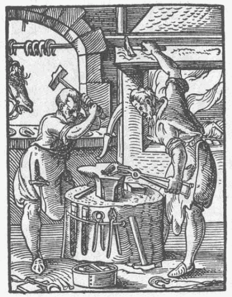 Smith Figure from the book of classes by Jost Amman and Hans Sachs from 1568 that shows two smiths working.