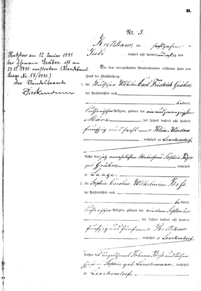 First page of a marriage certificate by a civil registry office from 1880
