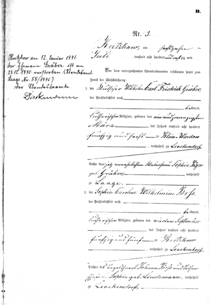 marriage certificate by a civil registry office from 1880 First page of a marriage certificate by a civil registry office from 1880