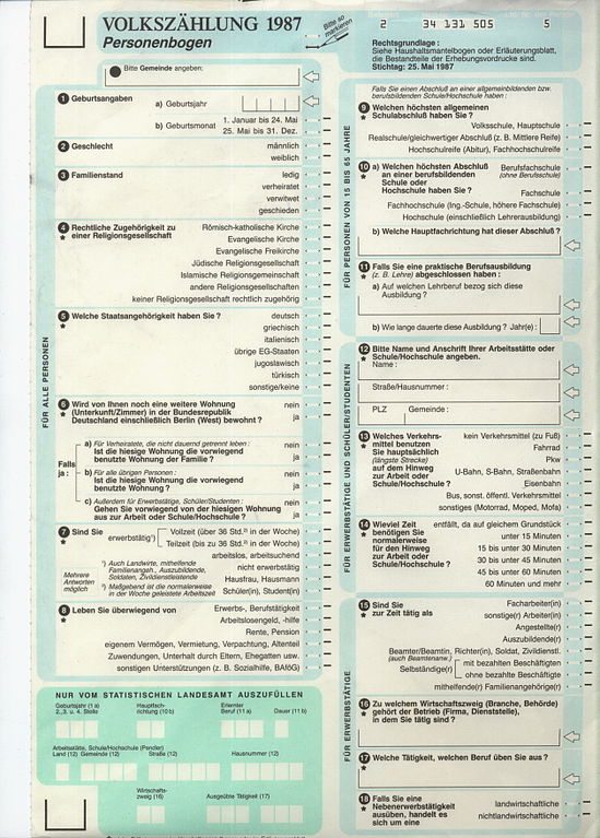 Photography of the first page of the 1987 census questionnaire 