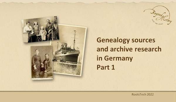 First slide of Andrea Bentschneider‘s presentation at RootsTech on "Genealogy sources and archive research in Germany".