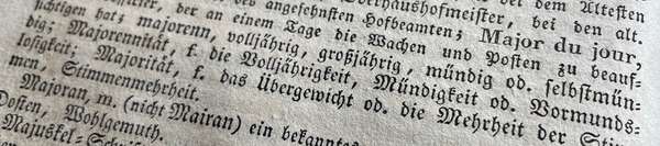 Photo of an old dictionary entry for majorenn/Majorennität