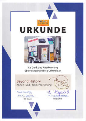 Tierpark Hagenbeck animal trailer Certificate from the Tierpark Hagenbeck regarding the financial support of the purchase of an animal trailer