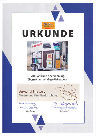 Certificate from the Tierpark Hagenbeck regarding the financial support of the purchase of an animal trailer