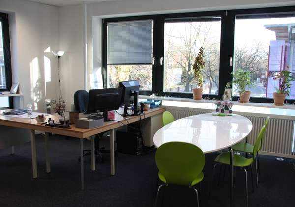 Office Andrea Bentschneider Photo of a bright office space with many windows, some green plants and a large oval table and green chairs on the right and a large desk on the left.