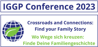 Logo of the IGGP Conference 2023 with the further wording: Crossroads and Connections: Find your Family Story – Wo Wege sich kreuzen: Finde Deine Familiengeschichte