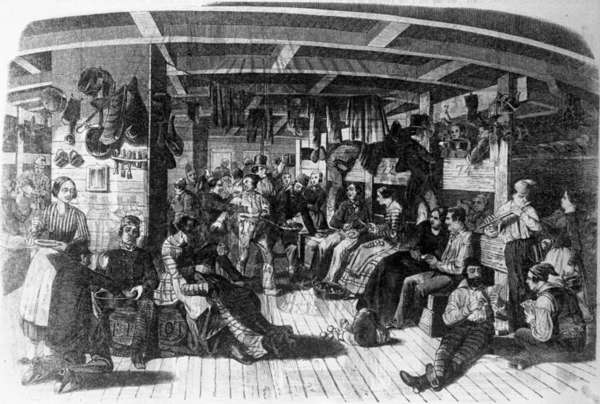 A drawing of passengers on the passenger deck of the emigration ship “Samuel Hop” who play music, cards and eat. The bunk beds seem to be shared among several travelers.