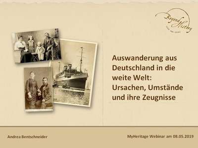 title slide for the MyHeritage webinar on emigration from Germany, 2019