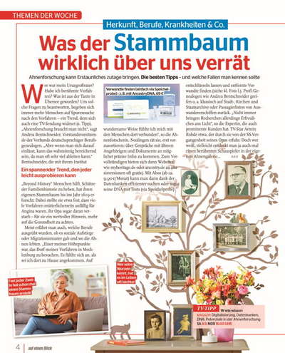 Article in "auf einen Blick" about how to get started with genealogy for which Andrea Bentschneider was interviewed