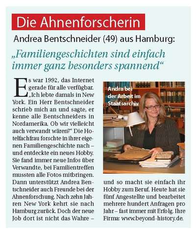 Article in the German magazine Lea on Andrea Bentschneiders path to professional genealogy